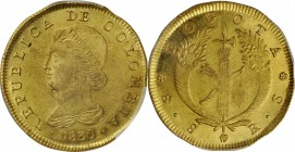 COLOMBIA. 8 Escudos, 1830-BOGOTA RS. Bogota Mint. PCGS MS-61 Gold Shield.
Fr-67; KM-82.1; Restrepo-M165.19. A pleasing Mint State example, offering a...