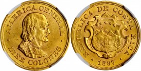 COSTA RICA. 10 Colones, 1897. Philadelphia Mint. NGC MS-62.
Fr-20; KM-140. Frosty and lustrous with a mark or two. .2251 of an ounce of pure gold con...