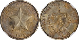 CUBA. Peso, 1915. Philadelphia Mint. NGC MS-61.
KM-15.2. Low relief star. A marvelous low relief Star Peso of 1915. Enchanting sepia and champagne to...