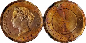 CYPRUS. 1/4 Piastre, 1887. London Mint. Victoria. NGC MS-65 Red Brown.
KM-1.1. A scintillating Gem with a strong strike that boldly details all the d...