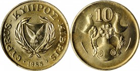 CYPRUS. 10 Cents, 1985. PCGS SPECIMEN-65 Gold Shield.
KM-56.2. A bright and attractive coin without nicks, spots or hairlines.
Estimate: $190.00- $2...