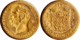 DENMARK. 10 Kroner, 1908. Copenhagen Mint. NGC MS-65.
KM-809. Just a two year type and containing .1296 of an ounce of pure gold.
Estimate: $200.00-...