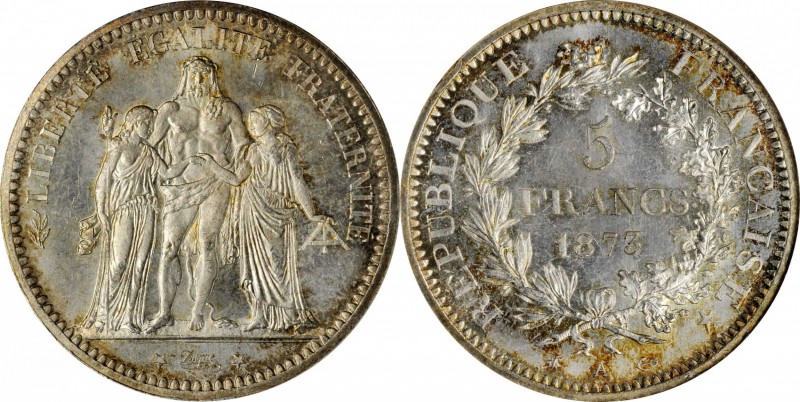 FRANCE. 5 Francs, 1873A. Paris. Third Republic. NGC MS-65.
KM-820.1. This is a ...