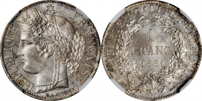 FRANCE. Franc, 1881-A. Paris Mint. Third Republic. NGC MS-66.
KM-822.1. Mostly ...