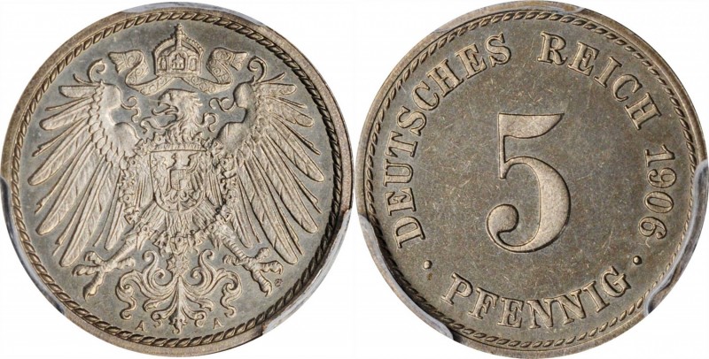 GERMANY. 5 Pfennig, 1906-A. Berlin Mint. PCGS PROOF-65 Gold Shield.
J-12, KM-11...