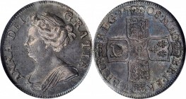 GREAT BRITAIN. Shilling, 1708. London Mint. Anne. NGC MS-63.
S-3610; KM-523.1. Third Bust type. Deeply toned with iridescent blue coloration residing...