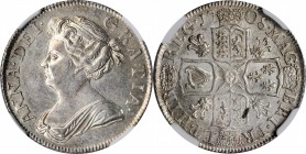 GREAT BRITAIN. Shilling, 1708. London Mint. Anne. NGC MS-63.
S-3610, KM-523.1. Plumes in Angles variety. An enchanting early Shilling of Queen Anne w...