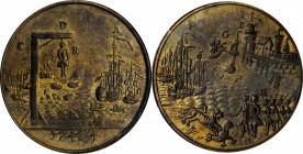 GREAT BRITAIN. Toulon Brass Medal, 1743-4. George II. PCGS MS-62 Gold Shield.
Eimer-582; MI-I-584. Obverse: Figure hanging from gallows at sea, fleet...
