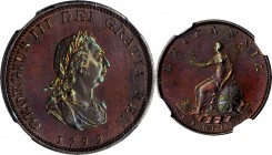 GREAT BRITAIN. Bronzed-Copper Farthing Pattern, 1799. Soho (Birmingham) Mint. George III. NGC PROOF-64 Brown.
P-1277. An enchanting coin with rich ma...