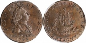 GREAT BRITAIN. Middlesex. National Series. Copper 1/2 Penny Token, 1795. PCGS MS-64 Brown Gold Shield.
D&H-985a. Obverse: FREDr DUKE OF YORK / HALFPE...