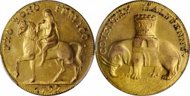 GREAT BRITAIN. Warwickshire. Coventry. Gilt Copper 1/2 Penny Token, 1792. PCGS MS-63 Gold Shield.
cf. D&H-231. Obverse: PRO BONO PUBLICO, Lady Godiva...