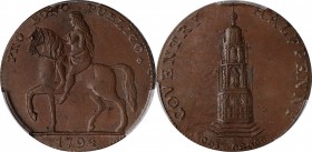 GREAT BRITAIN. Warwickshire. Coventry. Copper 1/2 Penny Token, 1794. PCGS MS-63 Brown Gold Shield.
D&H-249. Obverse: PRO BONO PUBLICO, Lady Godiva ri...