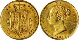 GREAT BRITAIN. 1/2 Sovereign, 1860. London Mint. Victoria. PCGS MS-61 Gold Shield.
S-3859A; KM-735.1. A moderately handling example with extremely fl...