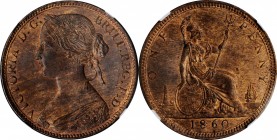 GREAT BRITAIN. Penny, 1860. London Mint. Victoria. NGC MS-64 Brown.
S-3954; KM-749.2. Toothed borders without die number. "L.C.W." below shield. A se...