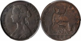 GREAT BRITAIN. 1/2 Penny, 1861. London Mint. Victoria. PCGS Genuine--Graffiti, VF Details Gold Shield.
S-3956; KM-748.2. "HALF" over "HALP" on legend...