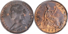 GREAT BRITAIN. 1/2 Penny, 1862. London Mint. Victoria. PCGS MS-63 Brown Gold Shield.
S-3956; KM-748.2. A coin with pleasing silky luster and dark bro...
