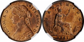GREAT BRITAIN. Farthing, 1861. London Mint. Victoria. NGC MS-64 Red Brown.
KM-747.2. This coin is mostly red in color with a strong portrait of the q...