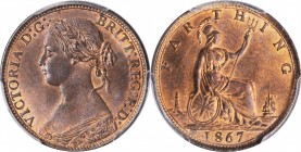 GREAT BRITAIN. Farthing, 1867. London Mint. Victoria. PCGS MS-65 Red Brown Gold Shield.
S-3958; KM-747.2. A nicely struck and lustrous gem quality Fa...