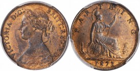 GREAT BRITAIN. Farthing, 1873. London Mint. Victoria. PCGS MS-63 Red Brown Gold Shield.
S-3958; KM-747.2. A lustrous and pleasing Farthing with light...