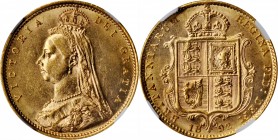 GREAT BRITAIN. 1/2 Sovereign, 1892. London Mint. Victoria. NGC MS-61.
KM-766; Fr-393; S-3869C. Variety with high placed shield, no JEB on truncation....