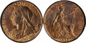 GREAT BRITAIN. Penny, 1895. London Mint. Victoria. PCGS MS-63 Red Brown Gold Shield.
S-3961; KM-790. A charming mix of mint red and a darker brown co...