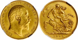 GREAT BRITAIN. Sovereign, 1902. London Mint. NGC PROOF-61.
Fr-400a, KM-805. An always popular gold sovereign of 1902. Issued for king Edward VII, who...
