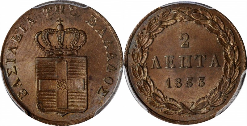 GREECE. 2 Lepta, 1833. Othon I. PCGS MS-64 Brown Gold Shield.
KM-14. Here is a ...