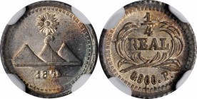 GUATEMALA. 1/4 Real, 1875/3-P. NGC MS-65.
KM-146. A singular silver 1/4 Real from Guatemala. Impressive original luster and a razor sharp strike.
Es...