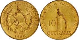 GUATEMALA. 10 Quetzales, 1926. Philadelphia Mint. PCGS MS-62.
Fr-49; KM-245. A lustrous and decently struck coin with pleasing warm honey golden toni...