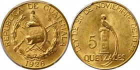 GUATEMALA. 5 Quetzales, 1926. Philadelphia Mint. PCGS MS-64.
Fr-50; KM-244. One year type. Very seldom seen in the impressive, Near Gem quality. Shar...