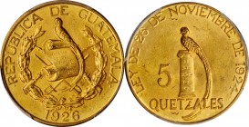 GUATEMALA. 5 Quetzales, 1926. Philadelphia Mint. PCGS MS-64.
Fr-50, KM-244. A one year type with the national bird, (the quetzal), found on both side...