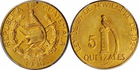 GUATEMALA. 5 Quetzales, 1926. Philadelphia Mint. PCGS MS-63.
Fr-50; KM-244. A softly lustrous and well struck coin with deep honey golden tone.
Esti...