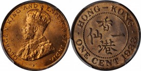 HONG KONG. Cent, 1933. London Mint. PCGS MS-65 Red Brown Gold Shield.
KM-17. A fully brilliant Gem, presenting blazing red-brown surfaces and a good ...