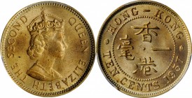 HONG KONG. 10 Cents, 1957-KN. Kings Norton Mint. PCGS SPECIMEN-65 Gold Shield.
KM-28.1. A well struck and highly lustrous coin with one or two freckl...