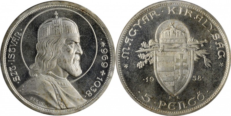 HUNGARY. 5 Pengo, 1938. PCGS MS-66.
KM-516. St. Stephan. A commemorative issue ...