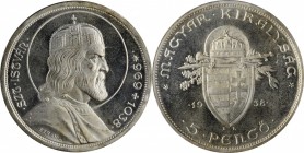 HUNGARY. 5 Pengo, 1938. PCGS MS-66.
KM-516. St. Stephan. A commemorative issue produced upon the 900th anniversary of the death of St. Stephen.
Esti...