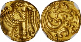 INDIA. Gangas of Talakad. Pagoda, ND (ca. 1100-1327). NGC MS-61.
Fr-488. One of the most popular gold Indian types, because of the elephant dominatin...