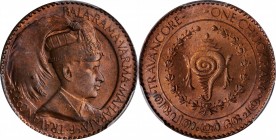 INDIA. Travancore. Chuckram, ND (1939-40). Bala Rama Varma II. PCGS MS-65 Red Brown Gold Shield.
KM-60. A seldom encountered type; a coin possessing ...
