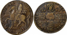 IRELAND. Crown, 1690. James II. PCGS VF-25 Gold Shield.
S-6578. Gun Money. Lines over "AN" and "OM". An evenly worn crown struck on a cracked planche...