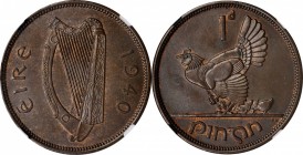 IRELAND. Penny, 1940. NGC MS-64 Brown.
S-6643; KM-11. An attractive near-Gem Penny with glossy smooth surfaces and hints of mint red in the protected...