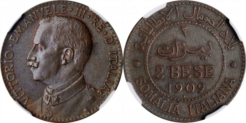 ITALIAN SOMALILAND. 2 Bese, 1909-R. NGC AU-55 Brown.
KM-2. Coin is an attractiv...