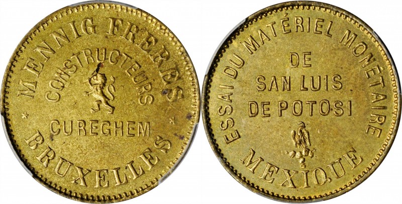 MEXICO. Brass Trial 25 Centavos, ND (1885). PCGS SPECIMEN-63 Gold Shield.
Dupri...