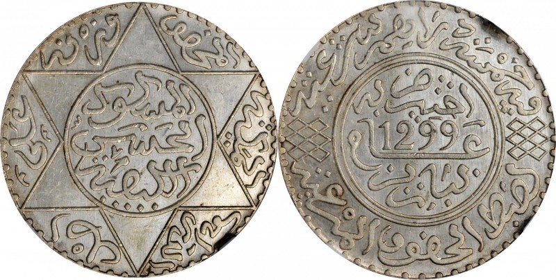 MOROCCO. 5 Dinars, AH 1299 (1882). NGC MS-63.
KM-Y-7. A boldly struck and flash...