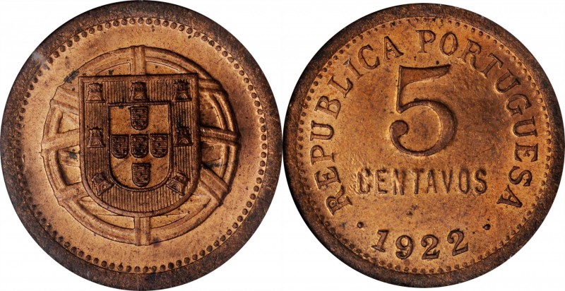 PORTUGAL. 5 Centavos, 1922. Lisbon Mint. NGC MS-64 Red Brown.
KM-569; Gomes-05....