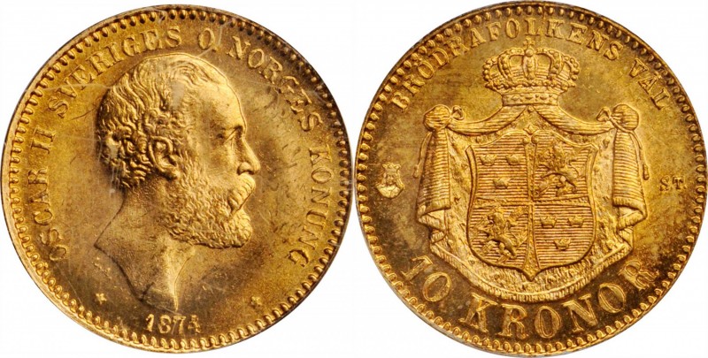 SWEDEN. 10 Kroner, 1874-ST. Stockholm Mint. Oscar II. PCGS MS-65.
Fr-94; KM-732...