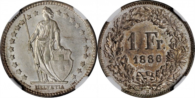 SWITZERLAND. Franc, 1886-B. Bern Mint. NGC MS-63.
KM-24. A highly lustrous coin...