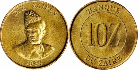 ZAIRE. 10 Zaires, 1988. PCGS SPECIMEN-66 Gold Shield.
KM-19. A few hints of toning show on this Specimen, which is not mentioned in the SCWC. Mobutu,...