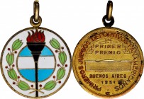 PAN AMERICAN GAMES. ARGENTINA. First Prize Brass and Enameled Medal, 1951. MINT STATE.
31.7 mm. The obverse in multi-color enamels depicting a torch ...