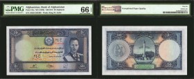 AFGHANISTAN. Bank of Afghanistan. 50 Afghanis, 1939. P-25a. PMG Gem Uncirculated 66 EPQ.
A pack fresh offering of this larger format type. Nice cente...