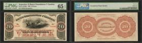 ARGENTINA. Banco Oxandaburu Y Garbino. 20 Pesos, 1869. P-S1974r. Remainder. PMG Gem Uncirculated 65 EPQ.
A remainder of this detailed 20 Pesos note. ...